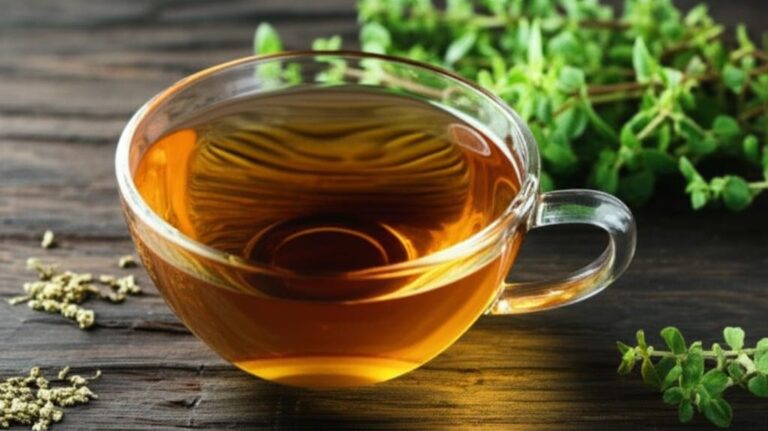 Taza de té de orégano con ramitas frescas y orégano seco sobre mesa de madera.