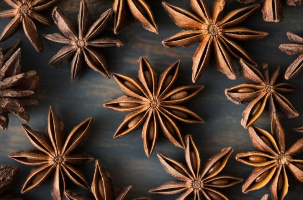 Imagen de varios anises estrellados marrones sobre un fondo oscuro, destacando su forma y textura.