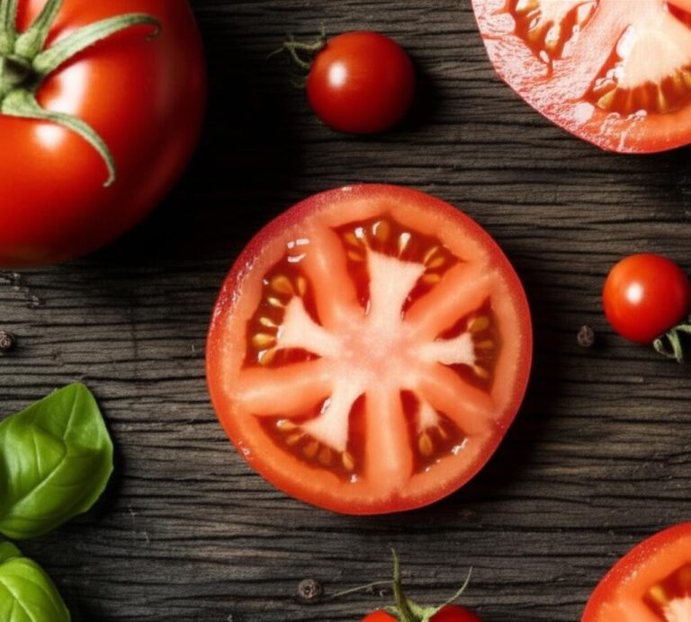 Imagen de tomates frescos, incluyendo tomates enteros, en rodajas y tomates cherry, sobre una mesa de madera rústica.