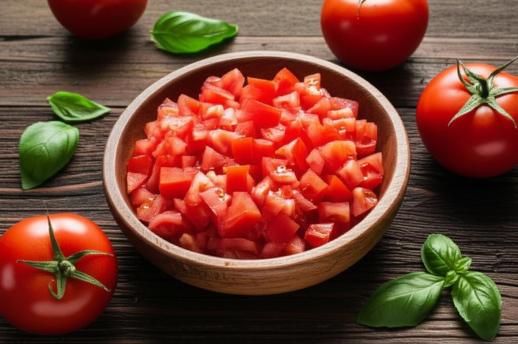 Tomate picado en un tazón de madera, rodeado de tomates enteros y hojas de albahaca sobre una mesa de madera.