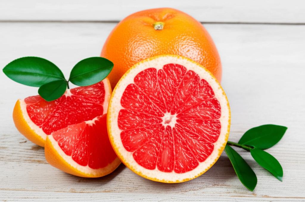 Imagen de una Toronja pomelo fresca cortada a la mitad, resaltando su pulpa jugosa y su valor nutricional.