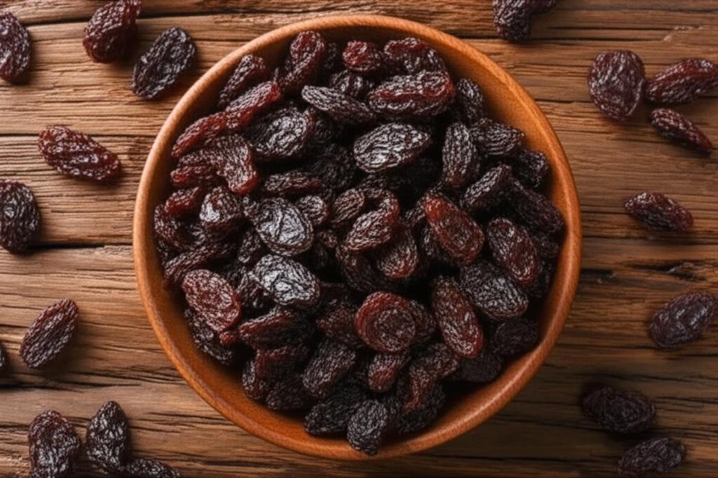 Imagen de una mesa mostrando Uva pasa fresco mostrando su valor nutricional.
