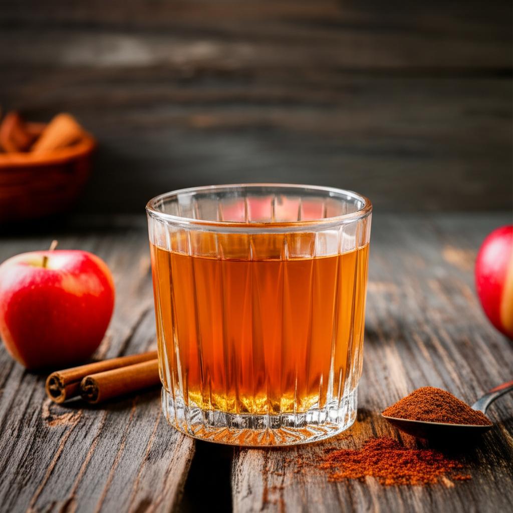 Vaso de vinagre de manzana sin filtrar con canela y manzanas rojas sobre mesa de madera