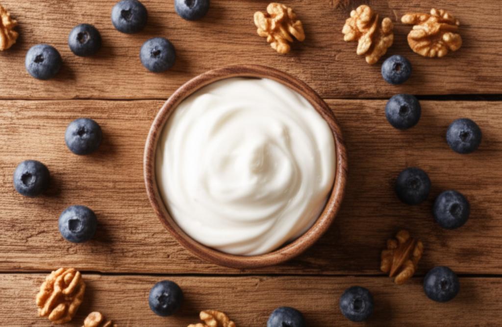 Tazón de yogur griego blanco cremoso rodeado de arándanos frescos y nueces sobre una superficie de madera, ideal para nutrición.