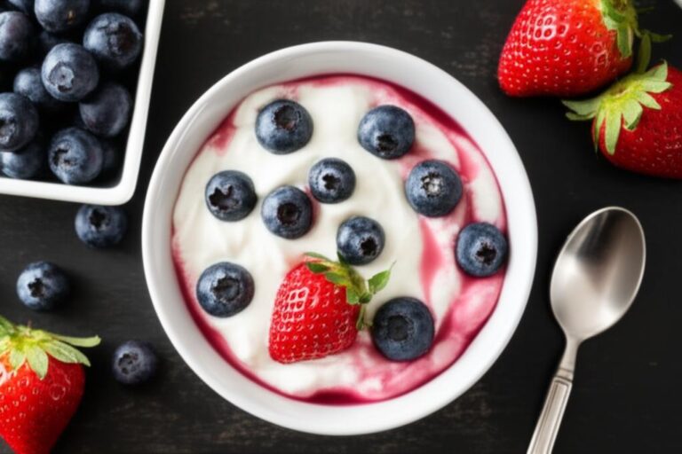 Tazón de yogur griego con arándanos frescos y fresas, información nutricional de un desayuno saludable.