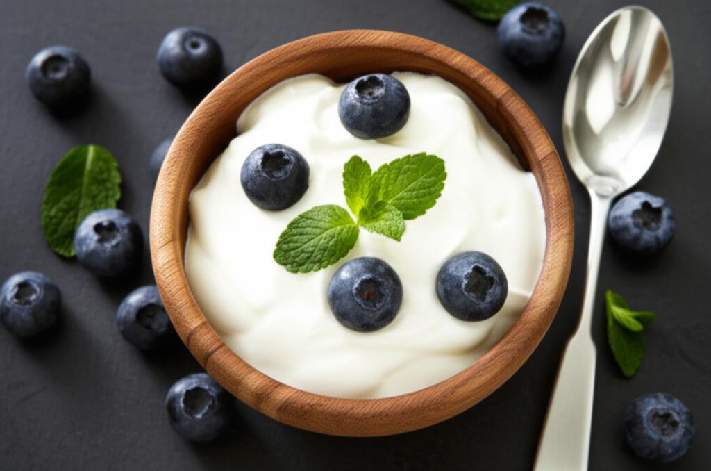 Delicioso Yogur Griego cremoso en un tazón blanco, adornado con frutas frescas y miel, resaltando sus valores nutricionales y su versatilidad culinaria para una dieta saludable.