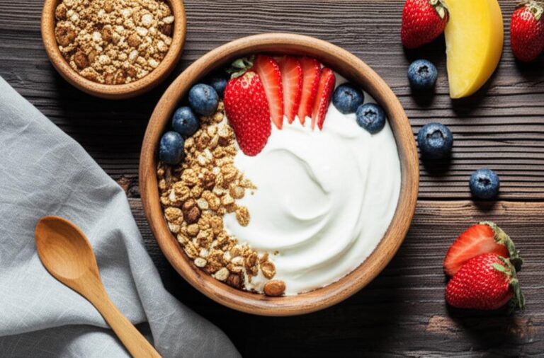 Tazón de yogur natural con fresas, arándanos y granola