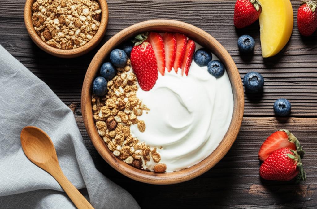 Imagen de un tazón de yogur natural fresco con frutas y granola, destacando su valor nutricional y versatilidad.