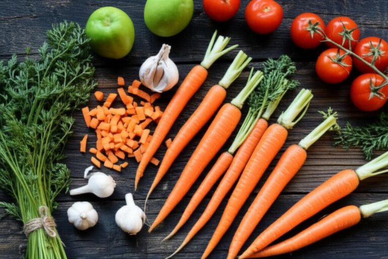 Imagen de varias zanahorias enteras, zanahorias picadas, tomates, ajos y manzanas verdes sobre una mesa de madera.