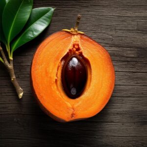 Imagen de medio zapote con semilla sobre fondo de madera y hojas verdes, mostrando su pulpa anaranjada.