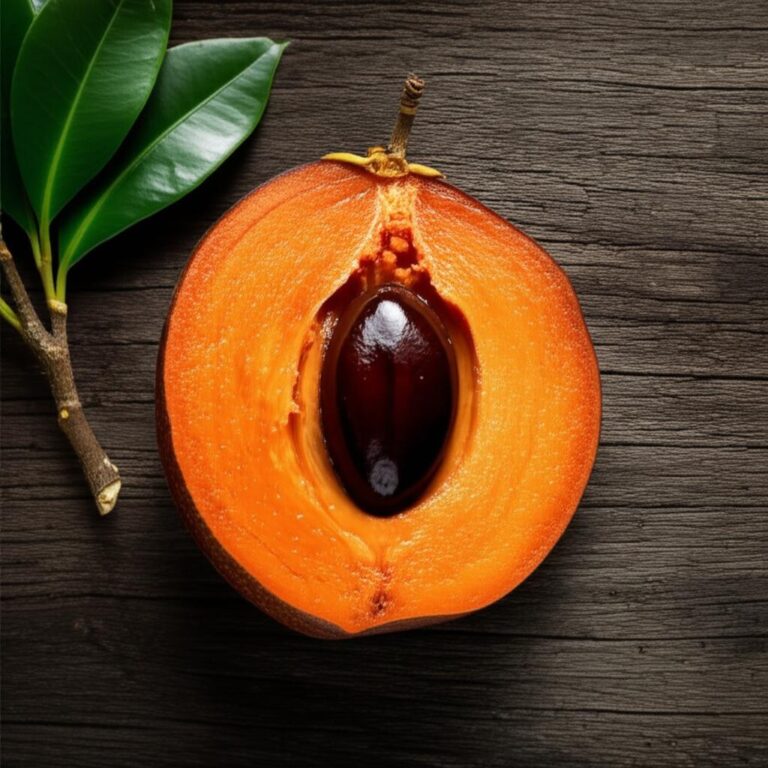 Imagen de medio zapote con semilla sobre fondo de madera y hojas verdes, mostrando su pulpa anaranjada.