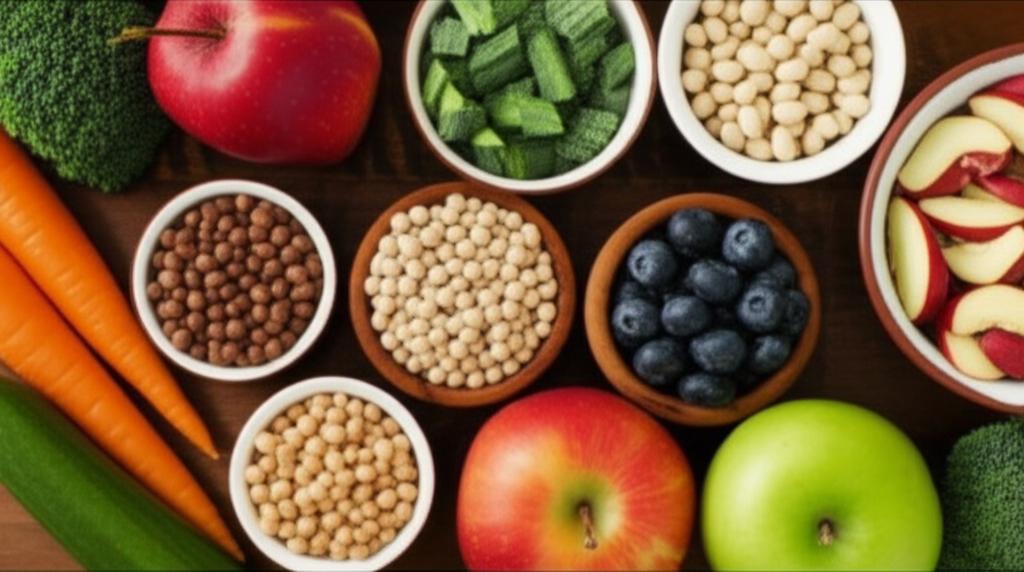 Variedad de alimentos ricos en fibra: frutas, verduras y legumbres en cuencos sobre mesa de madera.