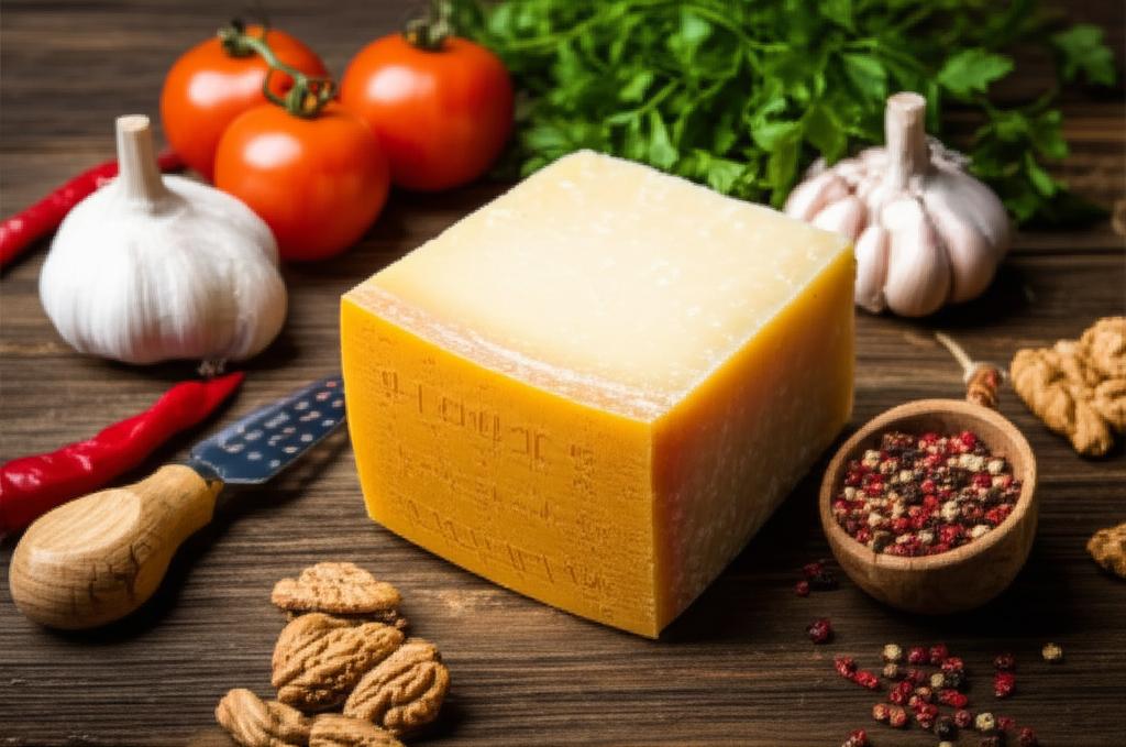 Bloque de queso Parmigiano Reggiano en tabla de madera con tomates, ajo y especias, para sitio de información nutricional.
