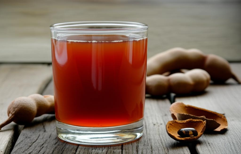 Vaso de jugo de tamarindo fresco con vainas de tamarindo alrededor.