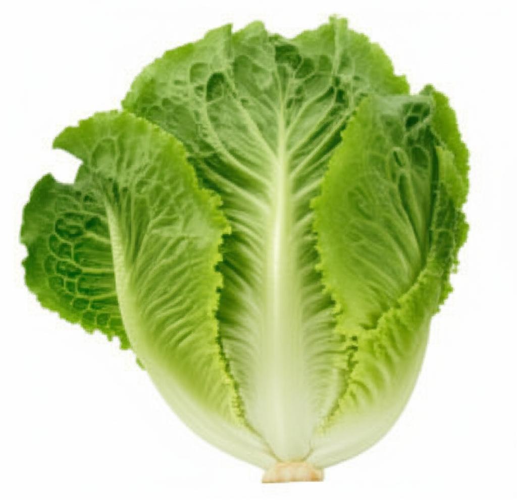 Cabeza completa de lechuga romana fresca, con hojas verdes y crujientes, para destacar información nutricional del alimento.