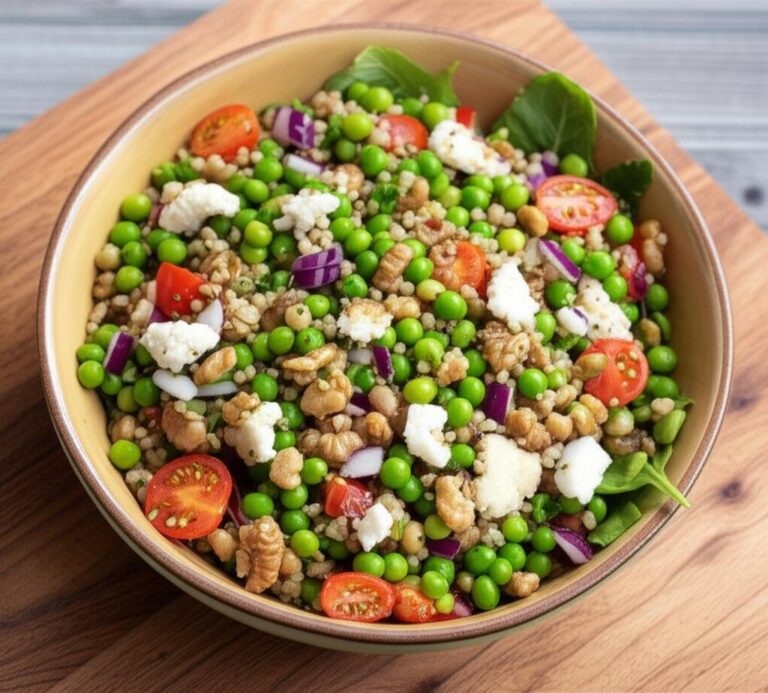 Ensalada de quinoa con guisantes, tomates cherry, cebolla morada y queso feta en un tazón.