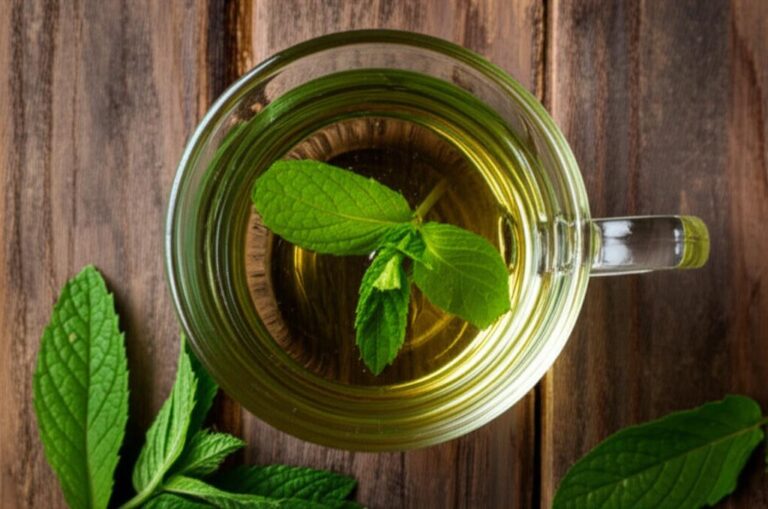 Té verde con menta en taza de vidrio sobre fondo de madera.
